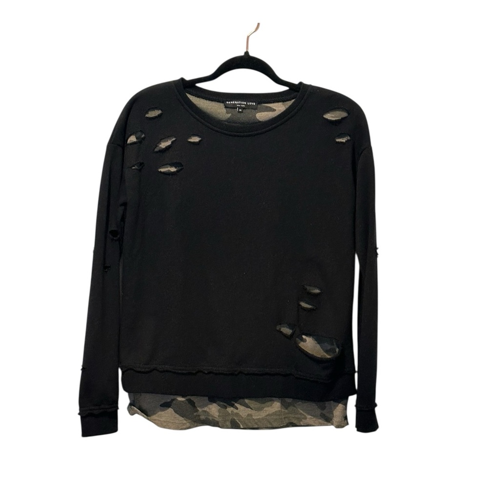 Generation Love Black Camo Distressed Sweatshirt size xs